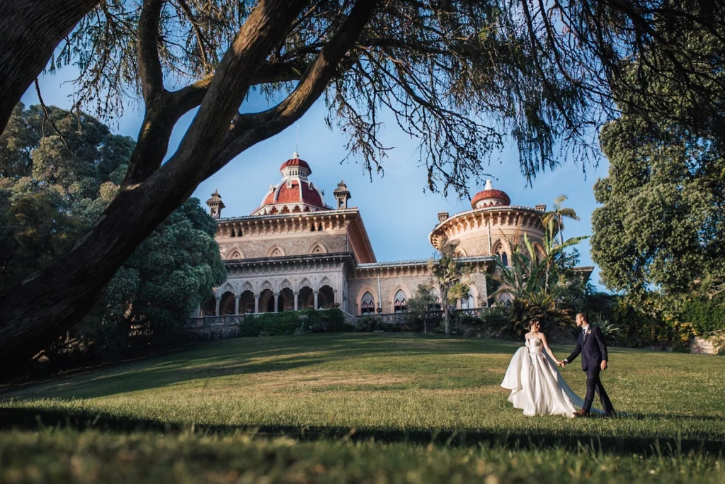 Couple poses for Intimate Wedding in a Romantic Portuguese Palace