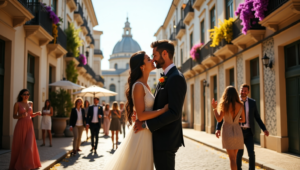 A couple shares a romantic moment on a sunlit street decorated with flowers, surrounded by wedding guests in elegant attire.