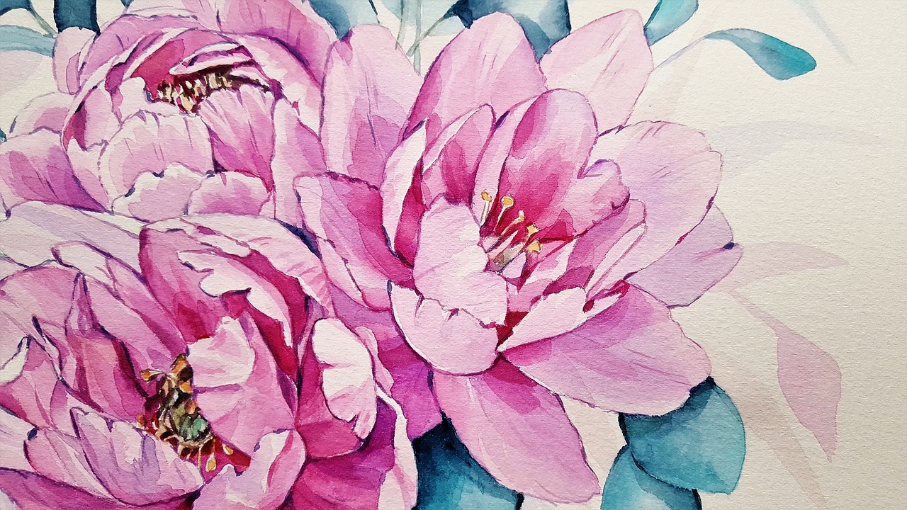 Watercolor painting of pink peonies with green leaves.