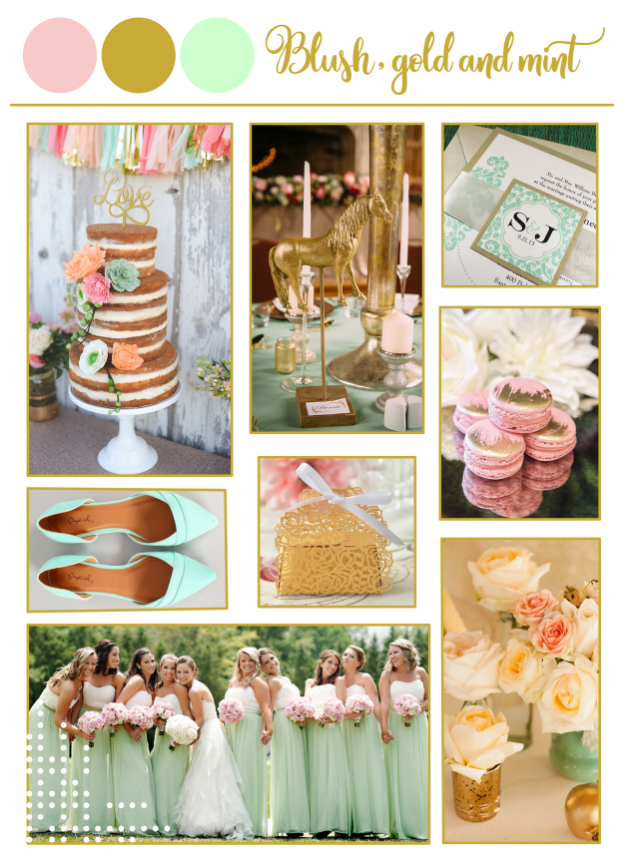 Blush, gold, and mint color palette.