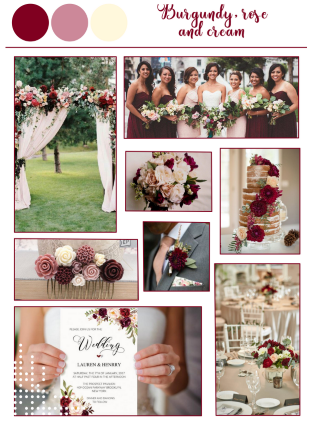 Burgundy, rose, and cream color palette.