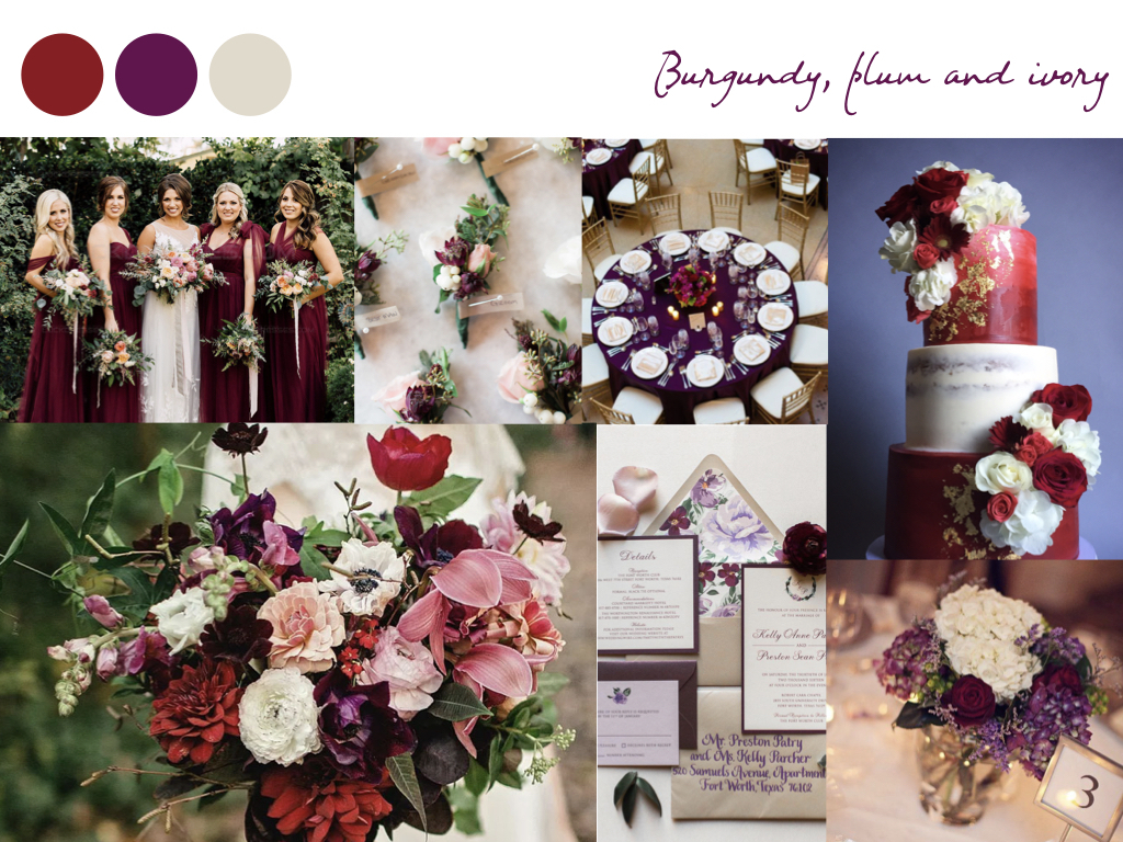 Burgundy, plum, ivory wedding inspiration collage.