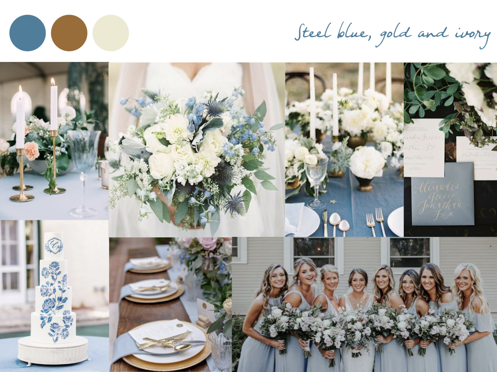 Wedding color palette, bouquet, cake, table settings, bri...