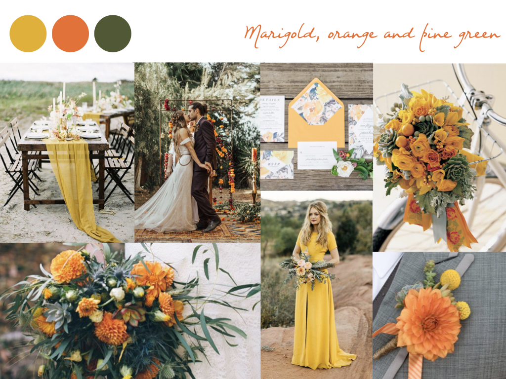 Wedding mood board with marigold, orange, and pine green.