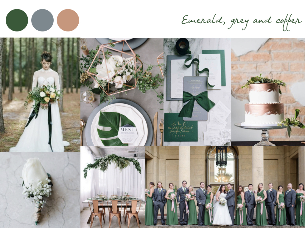 Emerald, grey, and copper wedding color palette.