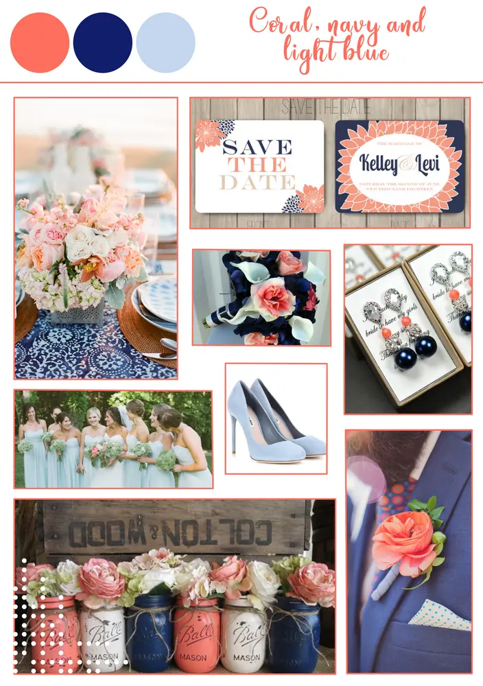 Coral, navy, and light blue wedding palette.