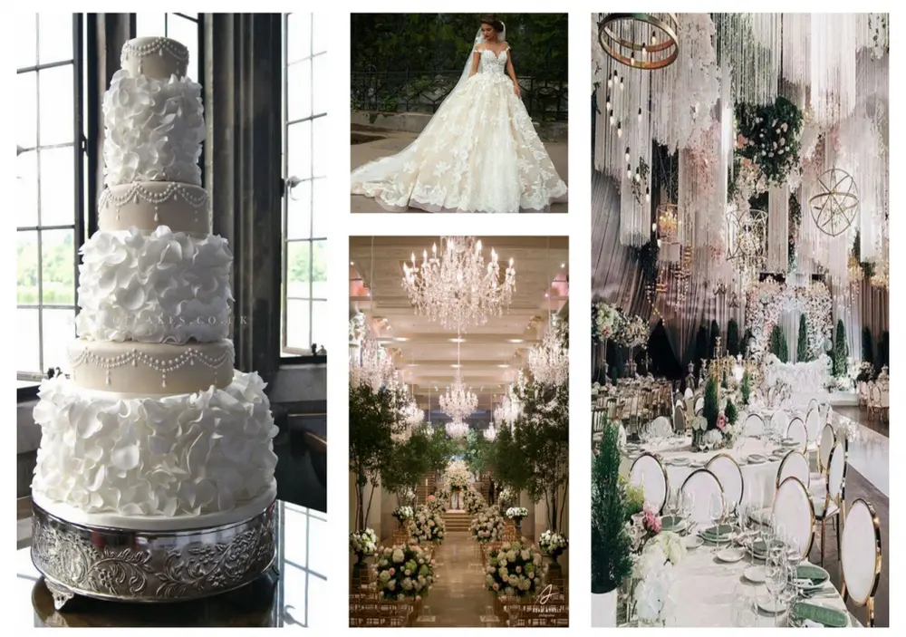 Wedding cake, bridal gown, and two wedding venues.