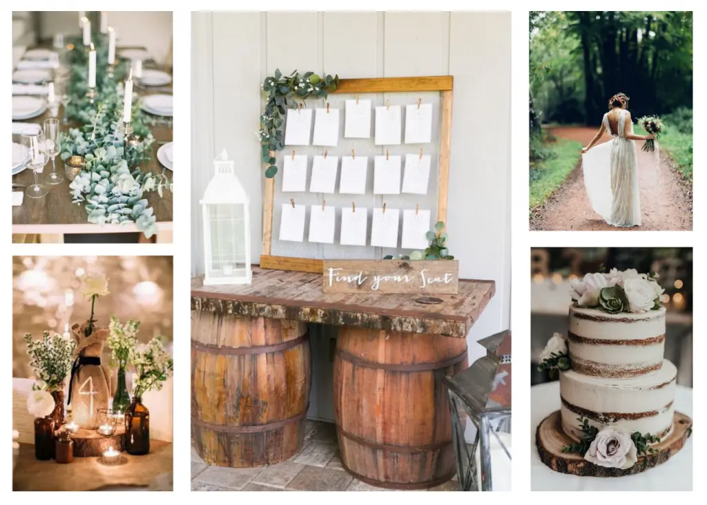 Collage of wedding decor and bride in a forest.