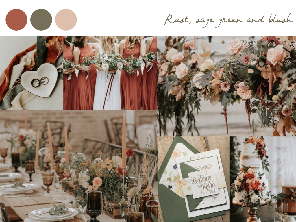 Wedding mood board with rust, sage green, and blush colors