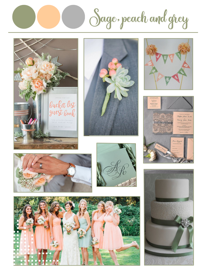 Sage, peach, and grey wedding color palette.