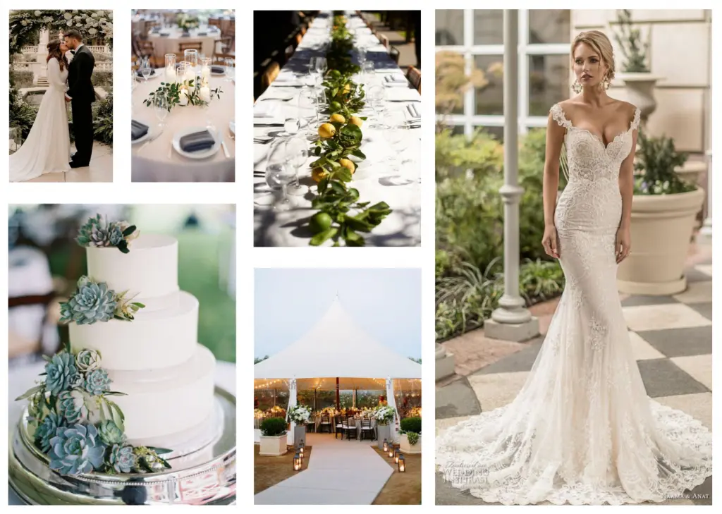 Collage of wedding scenes: couple, table settings, cake,...